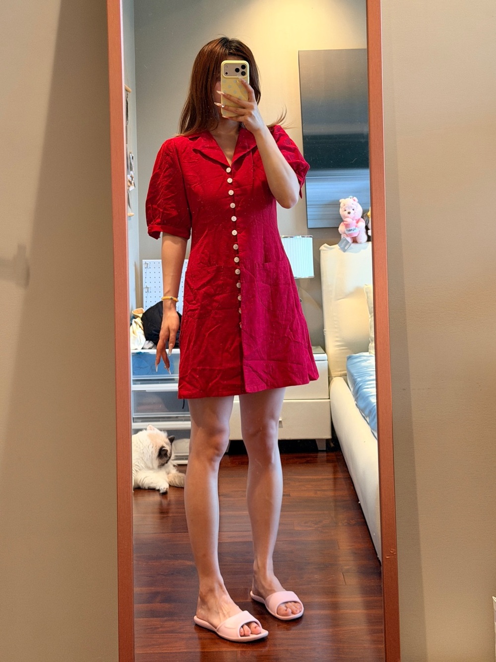 Red Button-Front Short Dress